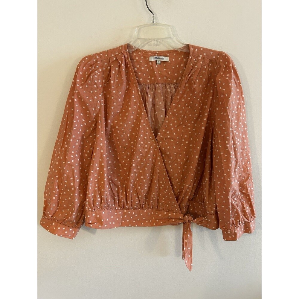 Madewell Wrap Top Blouse Star Print Coral/White Size Large